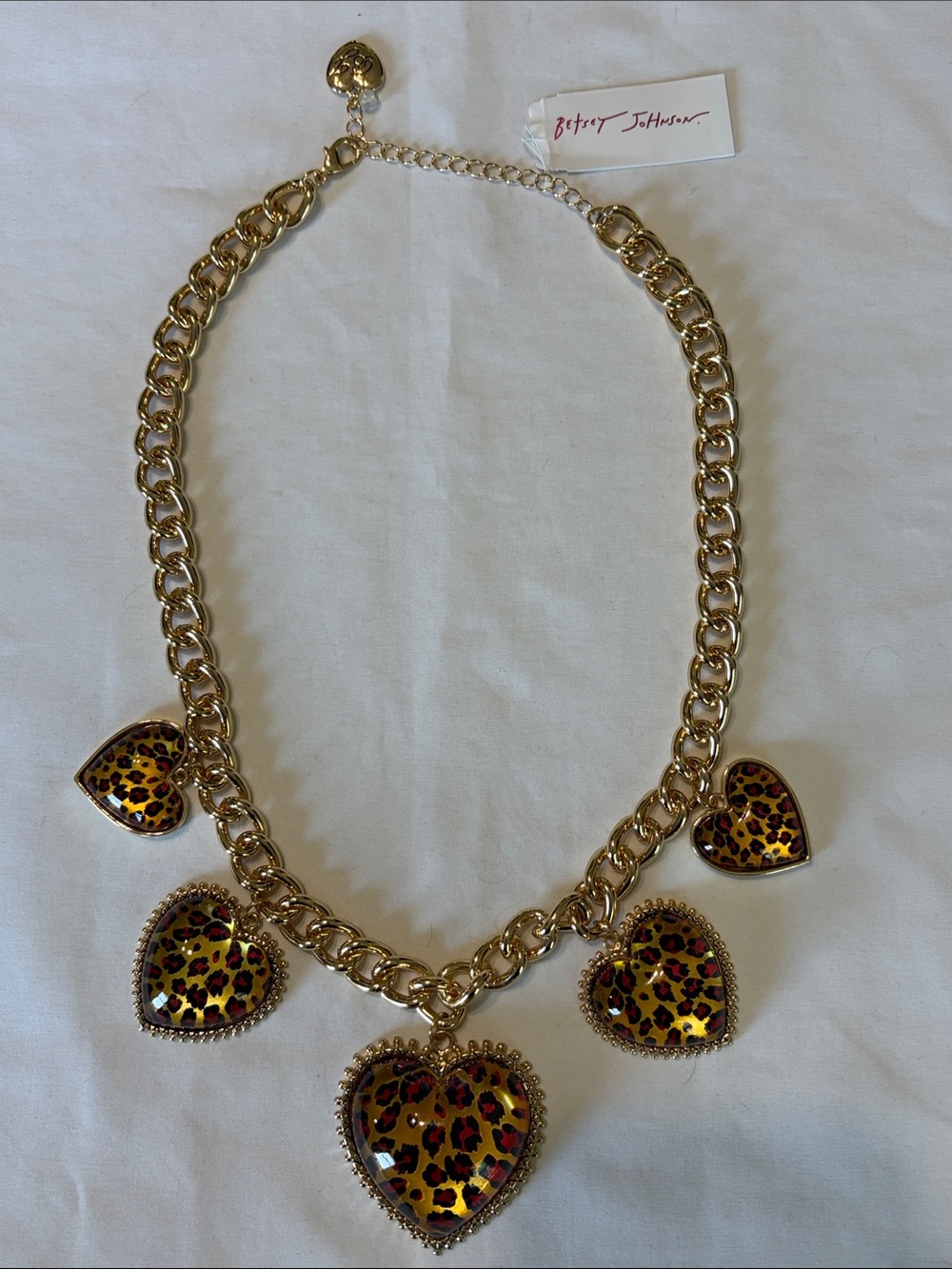 Betsey Johnson Heart Leopard Print Lucite Statement Necklace NWT
